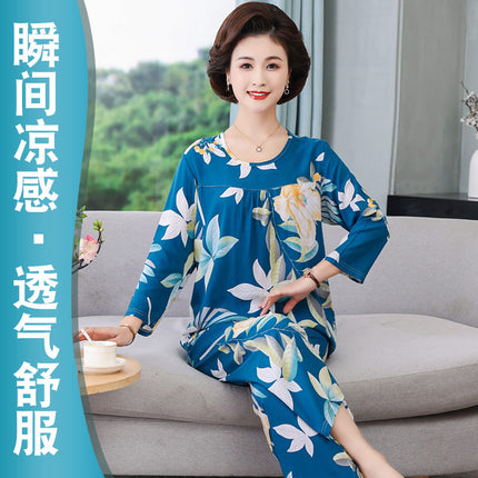 Women's Pajamas 2026 New Spring and Summer Cotton Silk Pullover Long-Sleeve Cool Thin Round-Neck for Middle-Aged and Elderly Mothers
