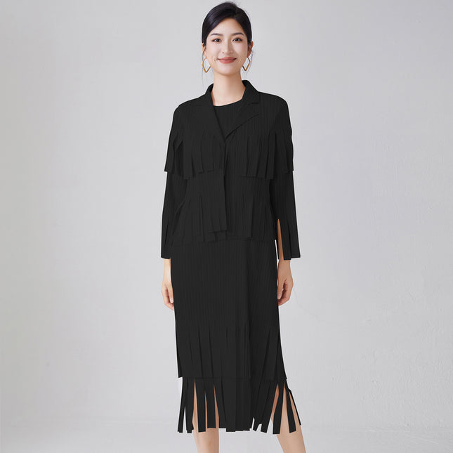 Women's Elegant Fashion Suit Women's High-End Tassel Sleeveless Dress Cardigan Shawl Jacket Miyake Two-Piece Spring Set