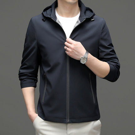 genuine goods Men's Coat Men's Spring and Autumn Thin Removable Hooded Outdoor Windproof Solid Color Non-iron Hooded Casual Jacket