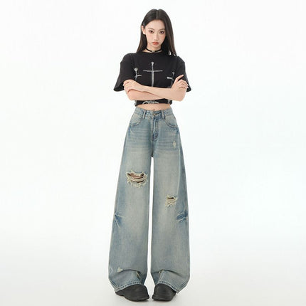 2025 Spring and Summer New American Retro Loose Wide Leg Pants Trendy Cool Straight-Leg Ripped Jeans Women's Jeans