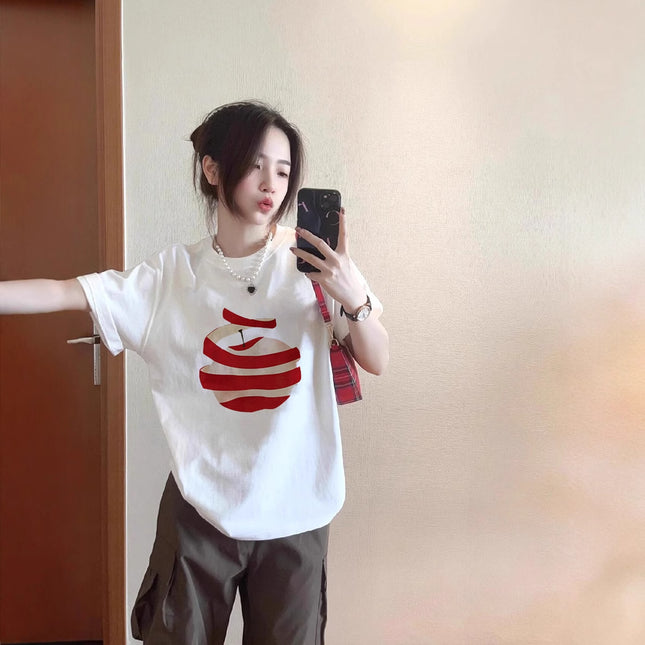 White Pure Cotton Apple Short-Sleeve T-Shirt for Women, Summer 2026 New Design, Niche Style, Regular Shoulder, Loose Half-Sleeve Top, Trendy