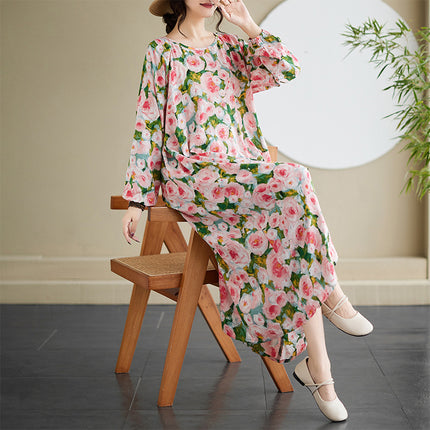 Real shot 2025 spring new literary retro long sleeve age-reducing temperament women's printing casual long dress