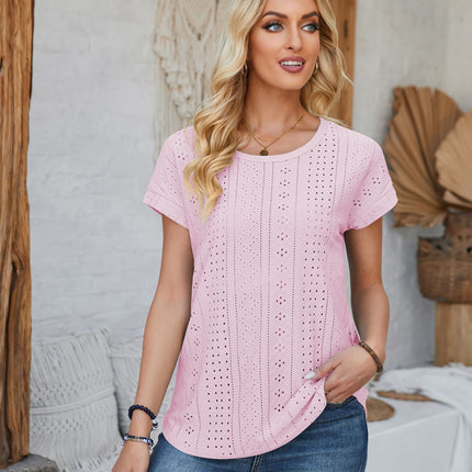 Amazon Independent Station Cross-border European and American Foreign Trade Women's Short-sleeved T-shirt US-size Needle-eye Hollow-out Crewneck Top