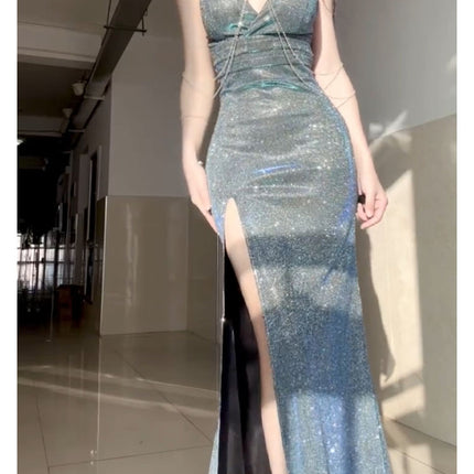 2025 New Sexy Deep V Slit Hip-Covering Floor-Length Evening Dress Nightclub Backless Style Performance Long Dress