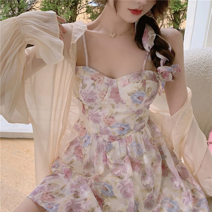 Plus size women's clothing fresh super fairy floral strap dress spring and summer waist-tight short skirt sun protection clothing two-piece suit