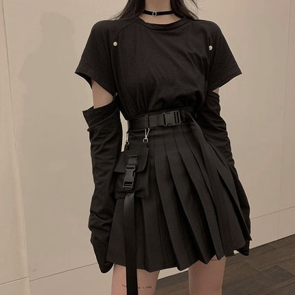Korean Version 2020 New Dark Style Design Niche Internet Celebrity High-Waisted Pleated Slimming A-Line Short Skirt for Women