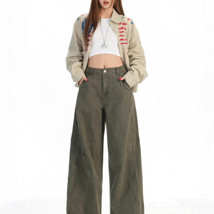 Khaki Wide-Leg Cargo Jeans for Women, Autumn 2025 New American Design, Loose Straight-Leg Floor-Length Pants