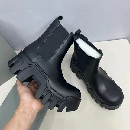 Foreign Trade AliExpress British Style Round Head Thick Bottom Gear Thick Heel Cowhide Boots Splicing Sleeve High Heel Chelsea Boots