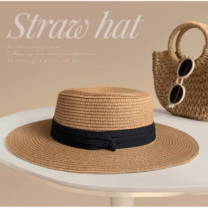 [Great Value] French Style Socialite Flat Top Hat 2025 New Summer Elegant Pearl String Sunshade Woven Straw Hat
