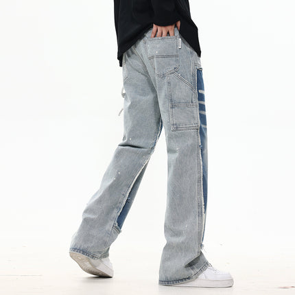 Contrast Color Stitching Cat Must Wash Water Denim Straight Pants Men's Trendy Brand Punk Splash Ink Spray Loose Casual Pants