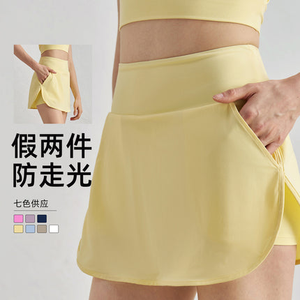 Yoga Short Skirt Sports Fitness Tennis Badminton Short Skirt Women's Back Waist Pocket Fake Two-Piece Anti-Exposure Yoga Skirt