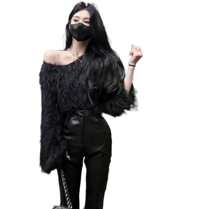 Design Sense Shoulder Imitation Mink Cashmere Sweater Women's Autumn and Winter New Soft Waxy Green Fluffy Knitted Sweater Long Sleeve Short Top