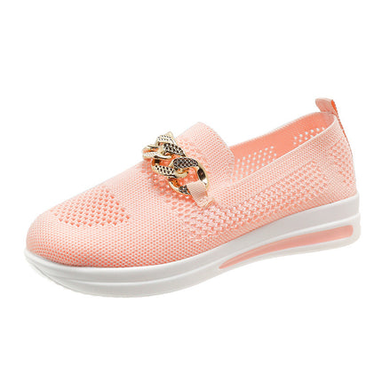 2024 spring and summer new foreign trade plus size women's shoes flying woven mesh surface hollow breathable shoes metal chain wedge casual shoes