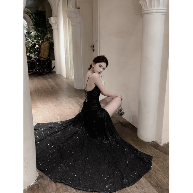 Cross-Border Real Shot Black "Stone Night" Birthday Party Graduation Evening Dress Floor-Length Suspender Sequin Skirt