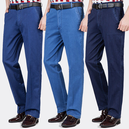 Autumn and winter thick middle-aged men's jeans loose straight high waist deep crotch stretch plus size classic casual men's pants