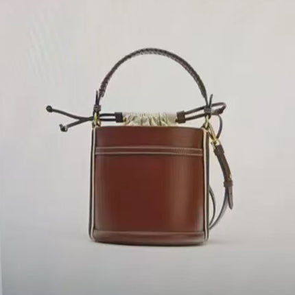 Za Cross-Border Women's Bag, Brown Double-Handle Cylindrical Handbag, Crossbody Bucket Bag, Cylindrical Shoulder Bag with Contrasting Color Design