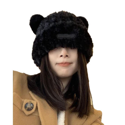 Bear plush knitted hat women's autumn and winter warm anti-fur pullover wool hat face-looking small sweet cute basin hat