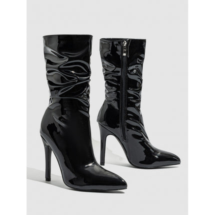 In-Stock European and American Pointed Toe Stiletto Slouch Boots Patent Leather Nude Short High Heel Riding Boots Sizes 35-42