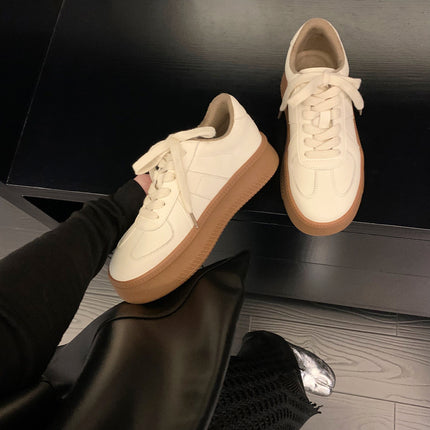 Cowhide Version~ Haonianhua Women's Shoes, German-Style Training Shoes, Round Toe, Thick Sole, Versatile Shoes, Lace-Up Casual White Shoes, Women's Sneakers