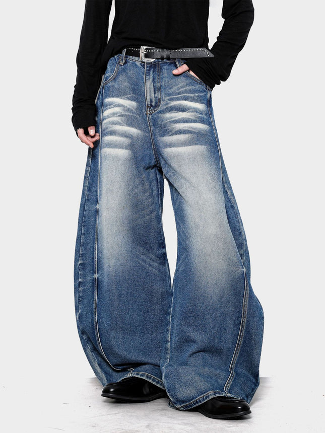 American Retro Washed Whiskered Wide-Leg Scimitar Jeans for Men and Women, Floor-Length Slimming Cleanfit Jeans