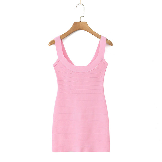 Summer European and American Pure Lust Style Backless Pink Waist Elastic Sexy Hip-Covering Knitted Mini Skirt