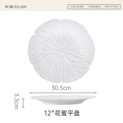 Household Dish Ceramic Plate Creative Cabbage Embossed Tableware Flower-shaped Western Food Plate Dessert Plate Restaurant Light Luxury Flat Plate