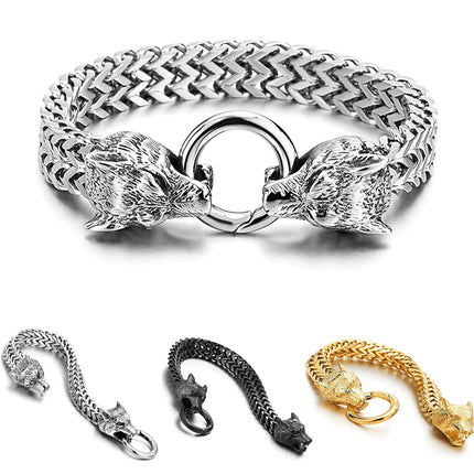 European and American Popular Stainless Steel Retro Stylish Viking Wolf Head Bracelet Wolf Head Franco Link Chain Bracelet for Men