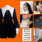 [six-piece set] nun dress + nun headscarf + lace embroidered eye mask + cross necklace + cross earrings + knee-high white silk / XS