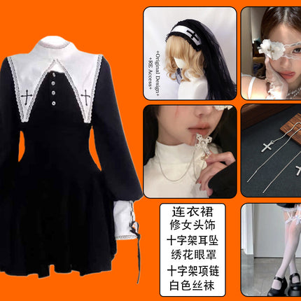Evil Nun! Halloween Cos Costume Contrast Style Blackened Gothic Dark Style Horror Dress for Adult Women