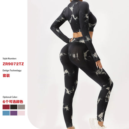 European and American Cross-border Seamless Tie-dyeing Fitness Sports Long Sleeve High Waist Peach Belly Tight Pants Yoga Sports suit