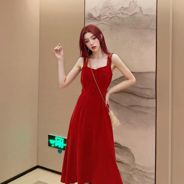 Cross-border Foreign Trade Mid-length Slip Skirt Summer Retro Hepburn Style dress Women's Black Elegant Sexy Shoulder Slim-fit