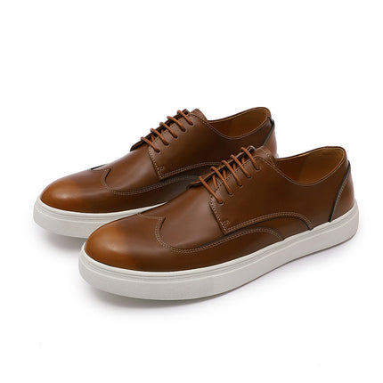 Sneakers Men's Lace-up Casual Men's Shoes Genuine Leather Brown Flat Shoes Comfortable Round Toe Fashion Leather Shoes Men's Cross-border