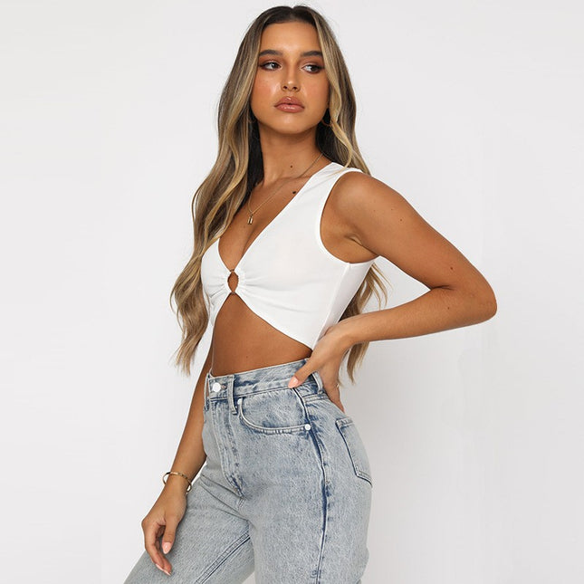 2022 summer Europe and the United States cross-border new women's sexy tight sleeveless top outskirt navel deep V babes small vest