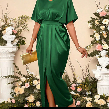 Foreign Trade Women's Clothing Cross-Border Early Spring New Satin Dress European and American Style Ball Gown Satin Waist-Cinching Long Dress Wholesale