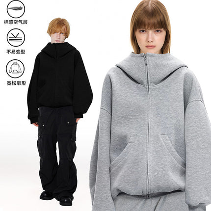 Unf 550g Heavy Air Oversize Loose Silhouette Hooded Sweatshirt Zipper Jacket Autumn and Winter for Men and Women
