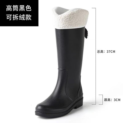 Cross-border New High Rain Shoes Women's Online Popular Fashion Water Boots Solid Color Waterproof Non-slip Warm Outer Wear fleece-lined Warm Boots