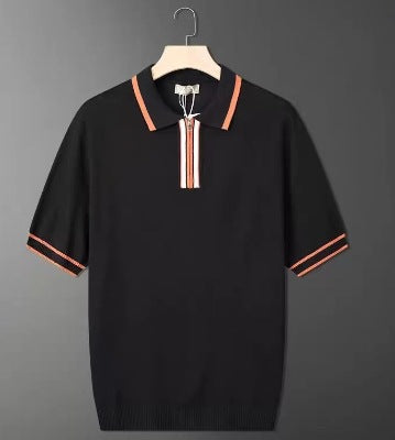 2025 Men's Knitted Polo Shirt Handsome Summer Trendy Men's Right Shoulder Shirt Collar American Zipper Lapel Stripesd T-Shirt