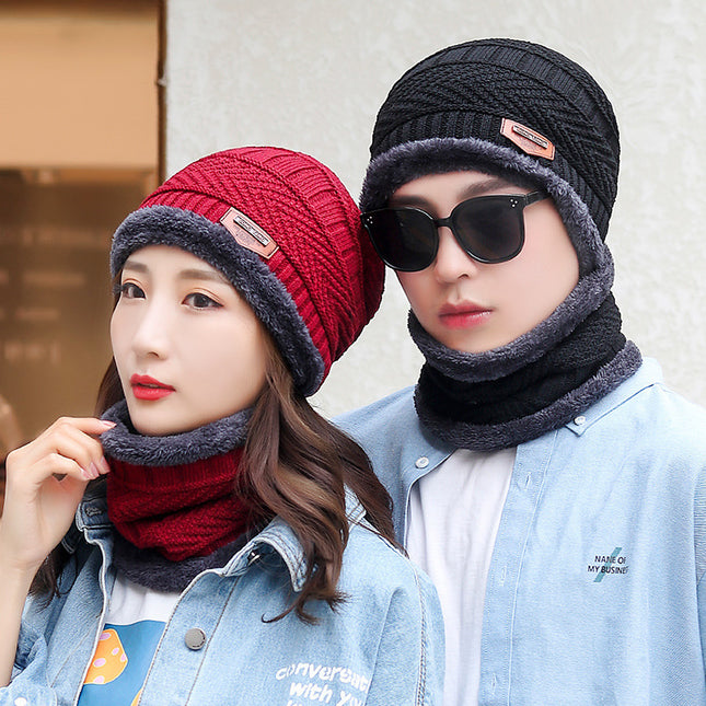 Winter Scarf Hat Two-Piece Set Fleece-Lined Warm Knitted Hat Outdoor Cycling Cold-Proof Woolen Hat Men's Pullover Hat