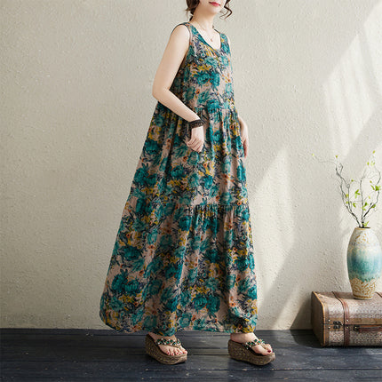 Simple Artistic Pastoral Style 2024 Summer New Loose Slimming Bohemian Foreign Trade Short-sleeved dress Women