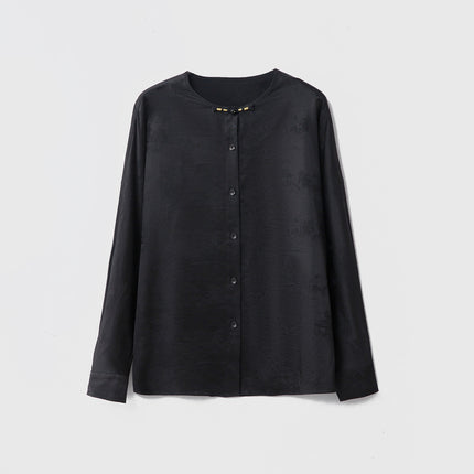Guofeng Button Silk Jacquard Satin Long-sleeved Top Women's Mulberry Silk Round Neck Loose New Chinese Style Shirt