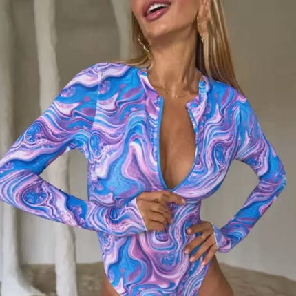 Zipper Long-Sleeved Sun Protection Mesh Swimsuit for Women Printed One-Piece Swimsuit Bikini Купальник