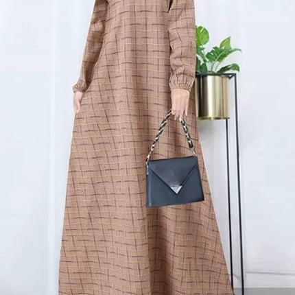 In-Stock Women's Cotton-Linen Vintage Long-Sleeve Plaid Round-Neck Floor-Length Dress Casual Loose Spring and Autumn Robe