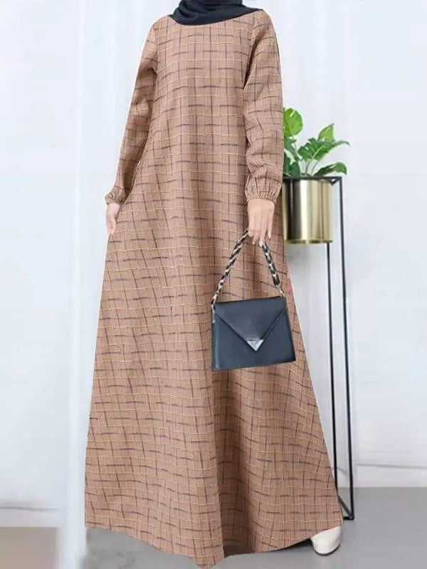 In-Stock Women's Cotton-Linen Vintage Long-Sleeve Plaid Round-Neck Floor-Length Dress Casual Loose Spring and Autumn Robe