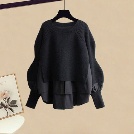 Autumn with a set of 2024 new plus size wear fake two-piece shirt top women's skirt two-piece set