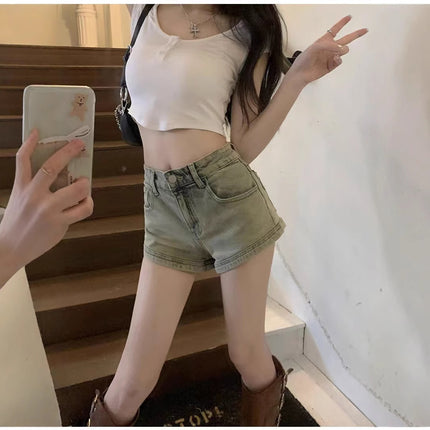 American Retro Hot Girl Denim Shorts Women's Pear-shaped High Waist Slimming Design Sense Niche A- shaped Hip Hot Pants