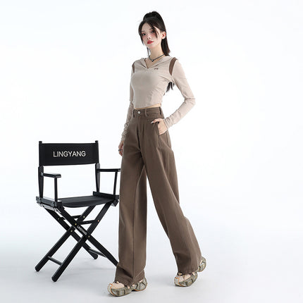 Attention Moment Brown brown Retro Jeans Women's Autumn and Winter High Waist Loose All-match Slimming Straight Pants