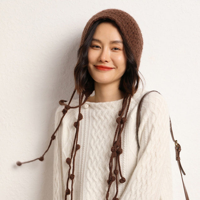 Handmade Fashionable Dirty Braid Ball Tassel Thickeneded Warm Cashmere Knitted Cut Out Toe Cap Ear Protection Hat Autumn and Winter