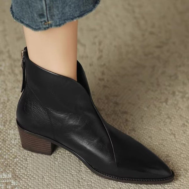 Cross-border retro pointed toe chunky heel short boots for women 2023 French autumn and winter new back zipper mid heel nude bone fashion boots