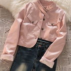 Pink leather jacket + retro blue jeans [two-piece set] / S