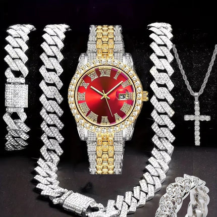Hiphop Hip Hop Diamond Watch Five-Piece Diamond Cuban Chain Cross Necklace Cuban Ring Cross Border Wholesale